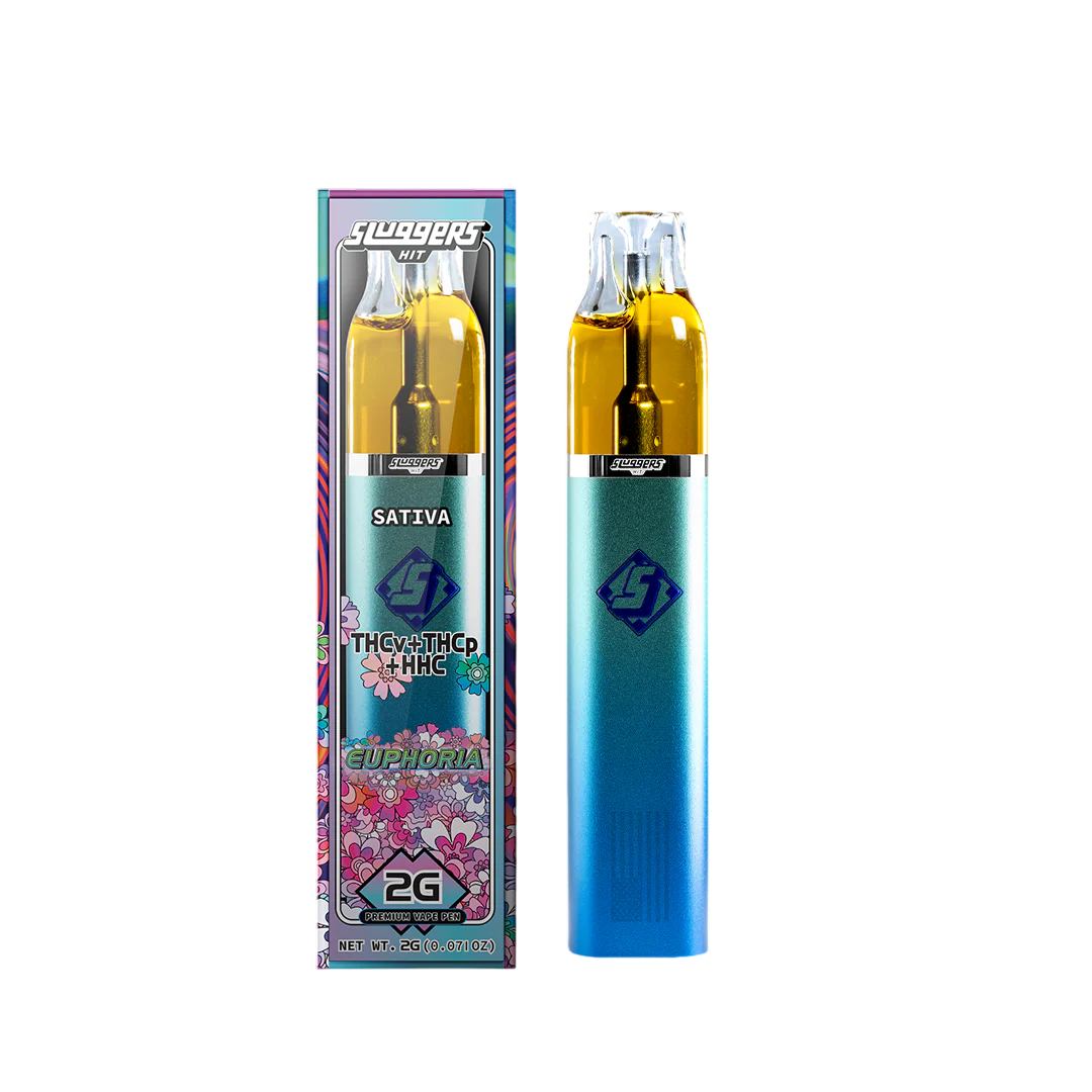 Vape pen with blue and gold design and colorful packaging on a white background