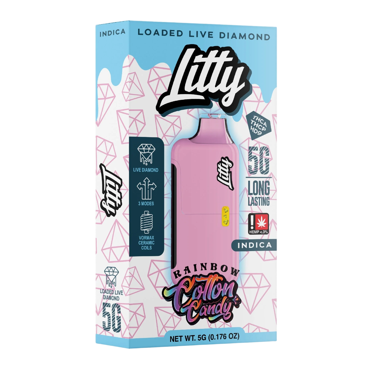 Litty vape pen packaging with colorful design and product details on a white background