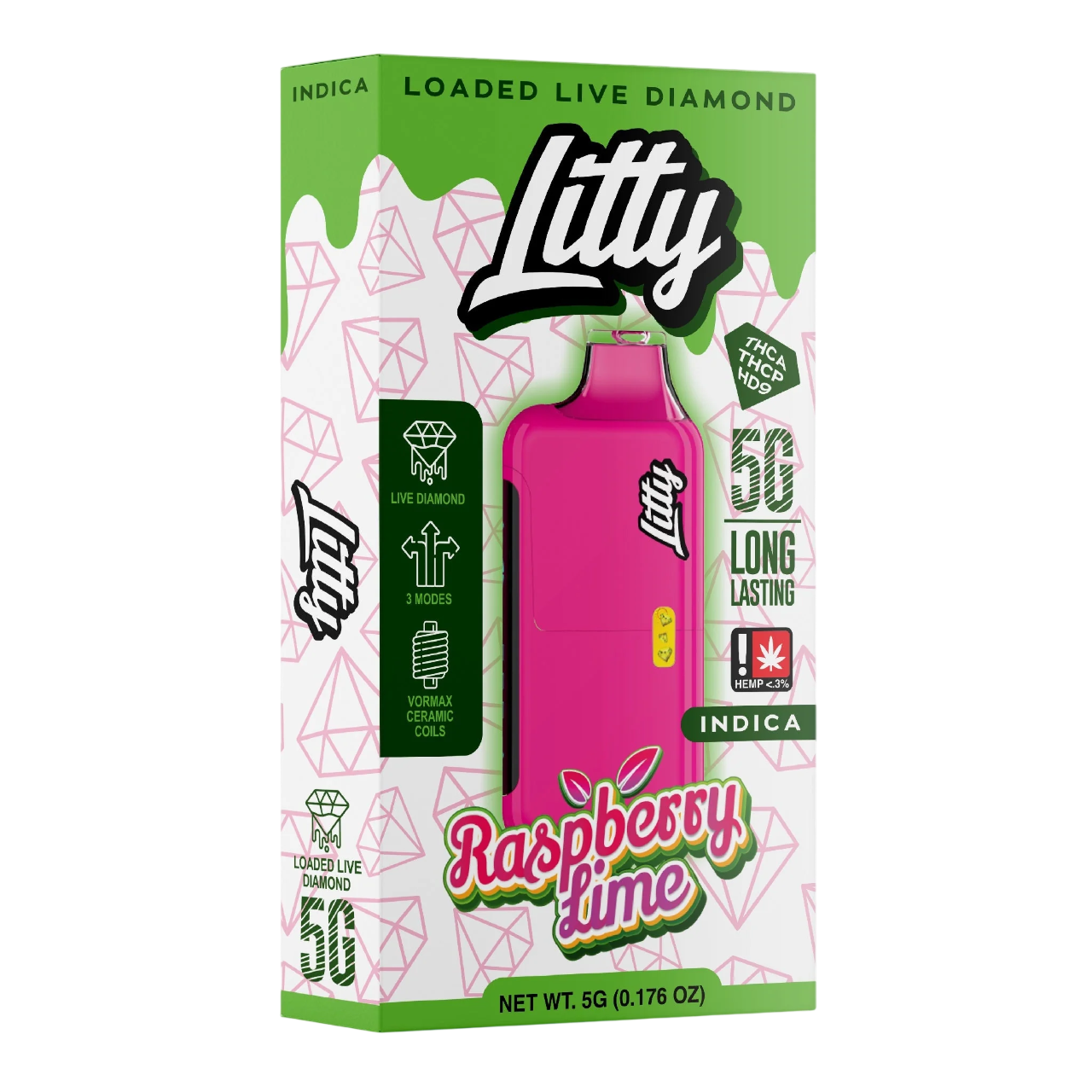 Litty raspberry lime vape pen packaging on a white background