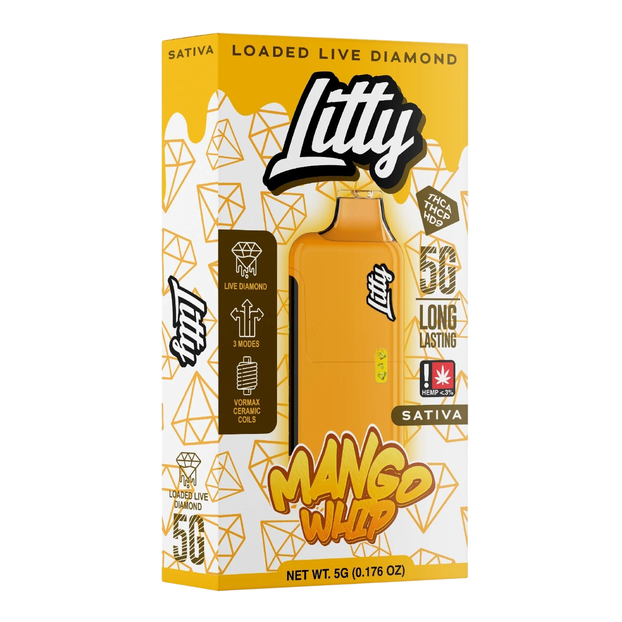 Litty Mango Whip vape pen packaging with yellow and white design