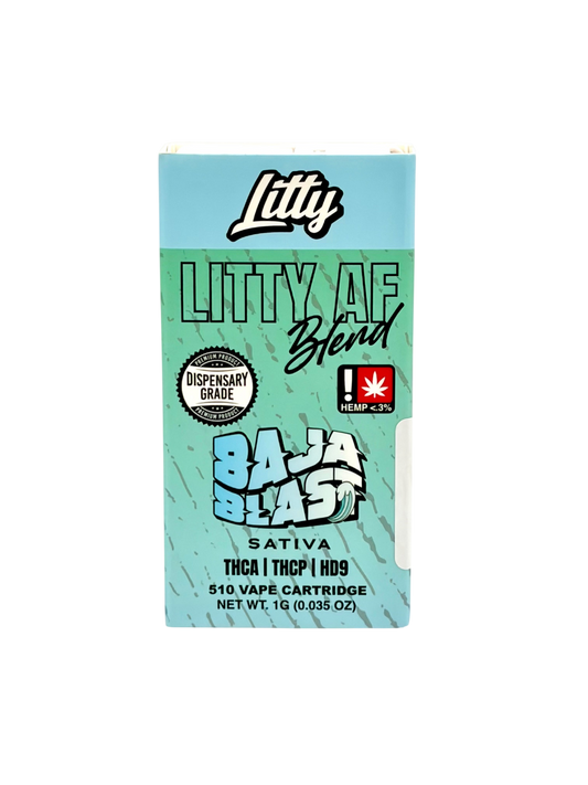 Litty AF Blend Baja Blast vape cartridge packaging on a white background