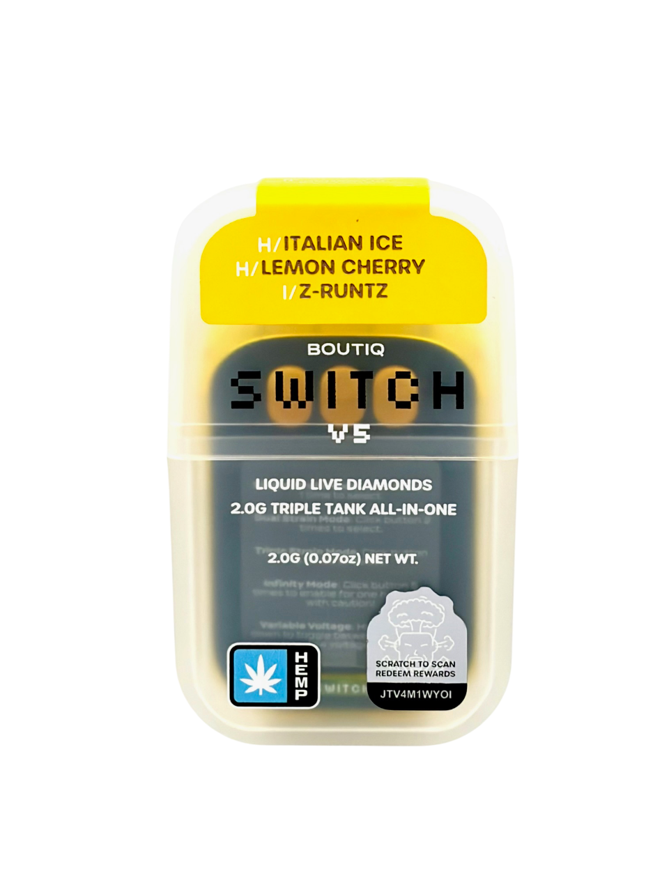 Boutiq Switch vape device packaging with yellow top and black text on a white background