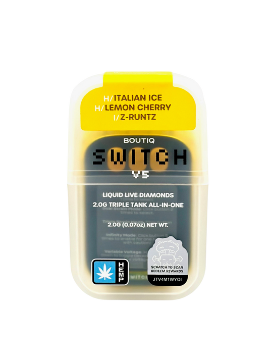 Boutiq Switch vape device packaging with yellow top and black text on a white background