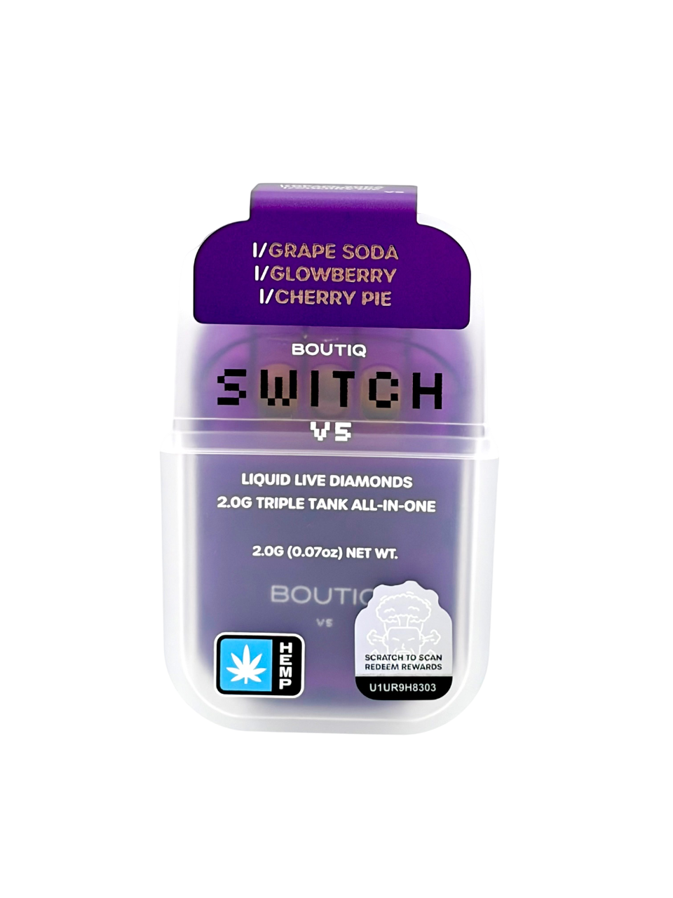 Boutiq Switch vape device packaging with purple and white design on a white background
