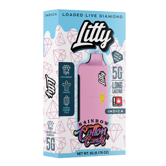 Litty vape pen packaging with colorful design and product details on a white background